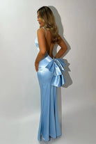 Naysia | Blue - Mermaid Spaghetti Straps Satin Long Prom Dresses with Bowknot - KissProm