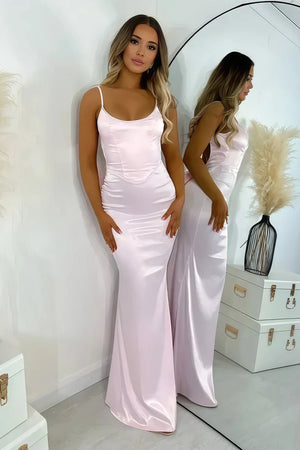 Naysia | Pink - Mermaid Spaghetti Straps Satin Long Prom Dresses with Bowknot - KissProm