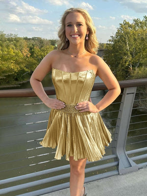 Gold - Strapless A Line Metallic Pleated Homecoming Dresses With Beadi