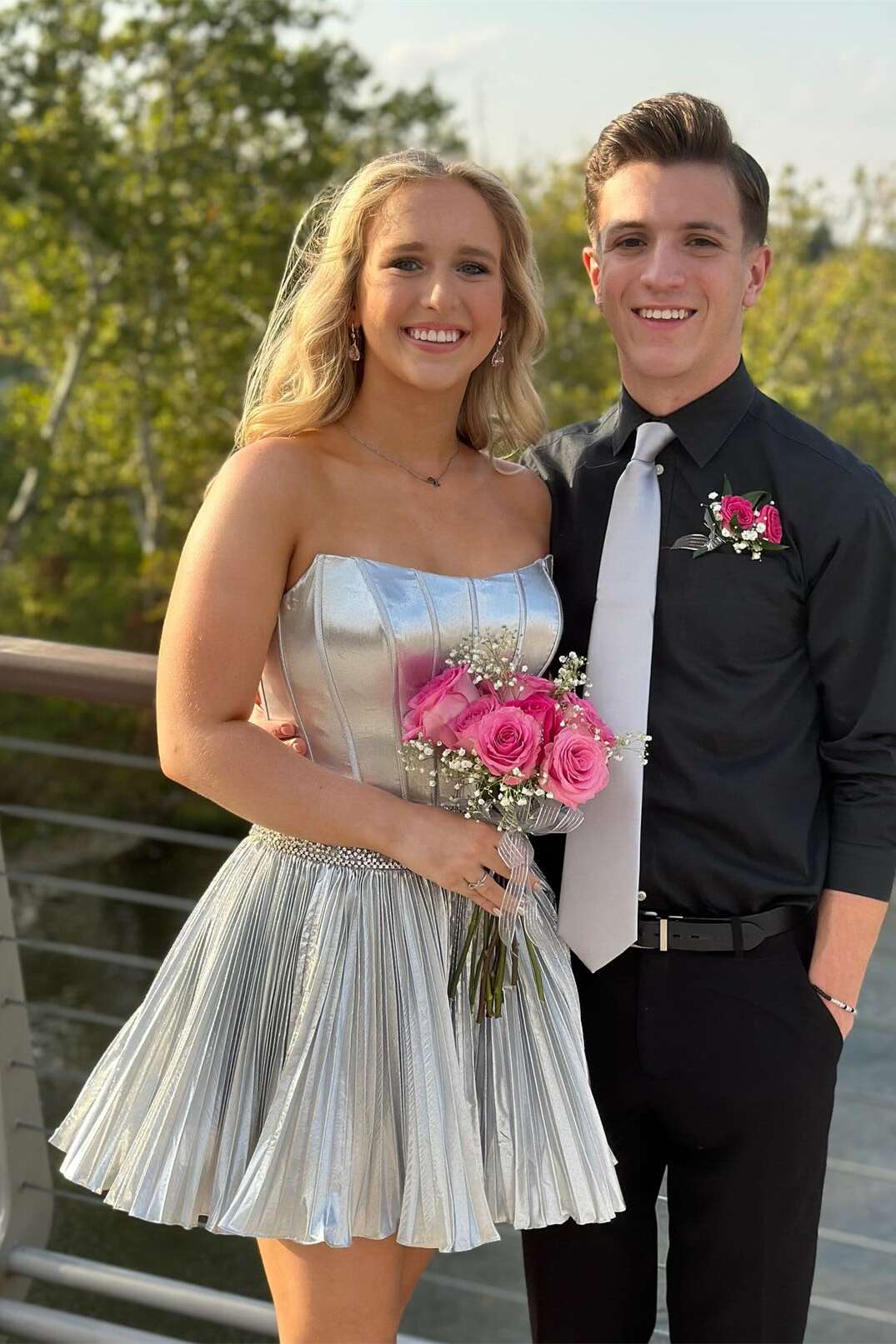 Nepeta | Silver - Strapless A Line Metallic Pleated Homecoming Dresses With Beading