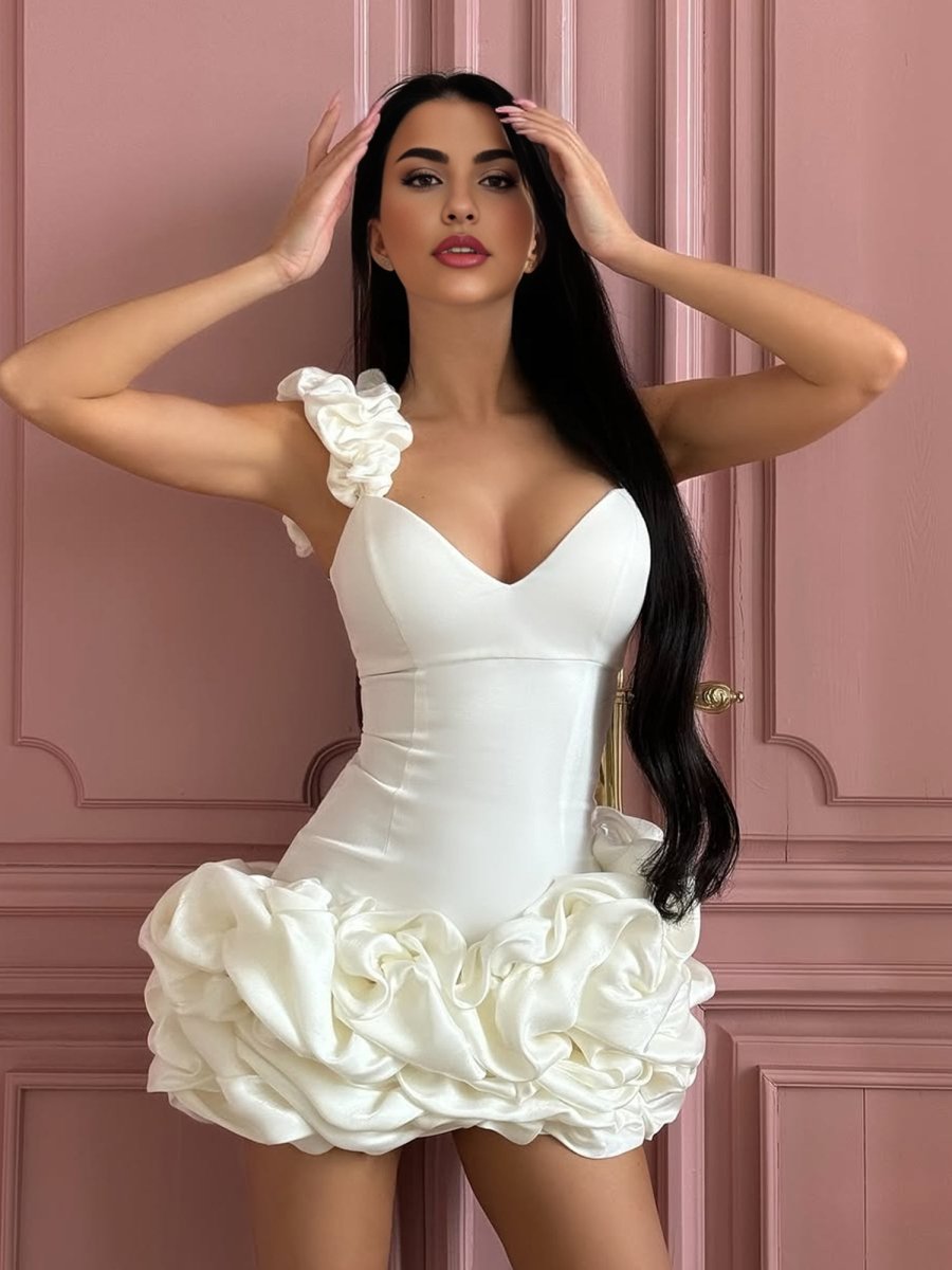 Nephele | Ivory - Sheath Spandex Ruched V Neck Homecoming Dresses with Ruffles