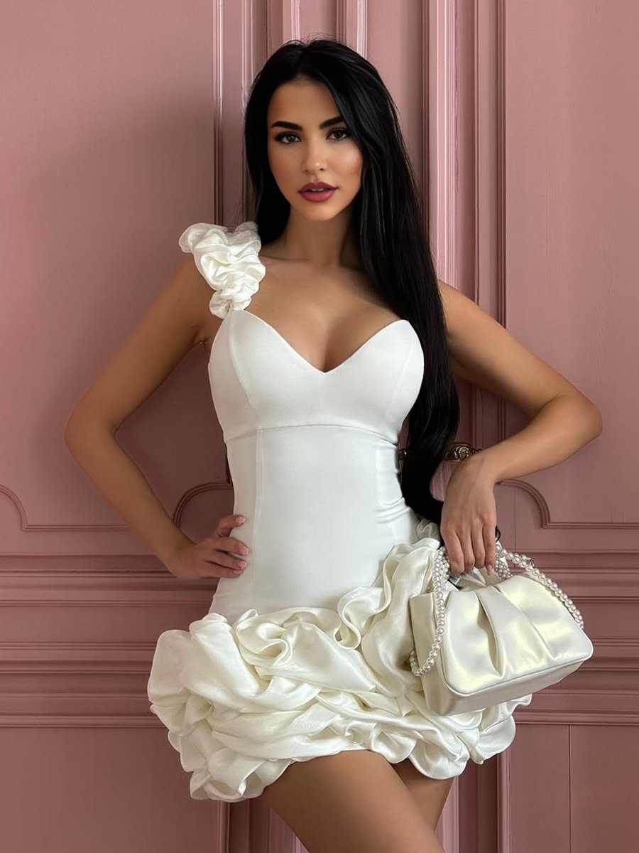 Nephele | Ivory - Sheath Spandex Ruched V Neck Homecoming Dresses with Ruffles