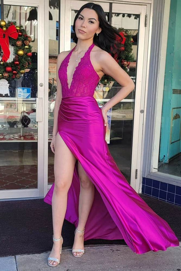 Nerute | Fuchsia Lace Applique Satin High Slit Mermaid Prom Dress - KissProm
