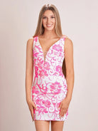 Nerys | Orange Plunging Neckline Floral Sequins Short Tight Homecoming Dress