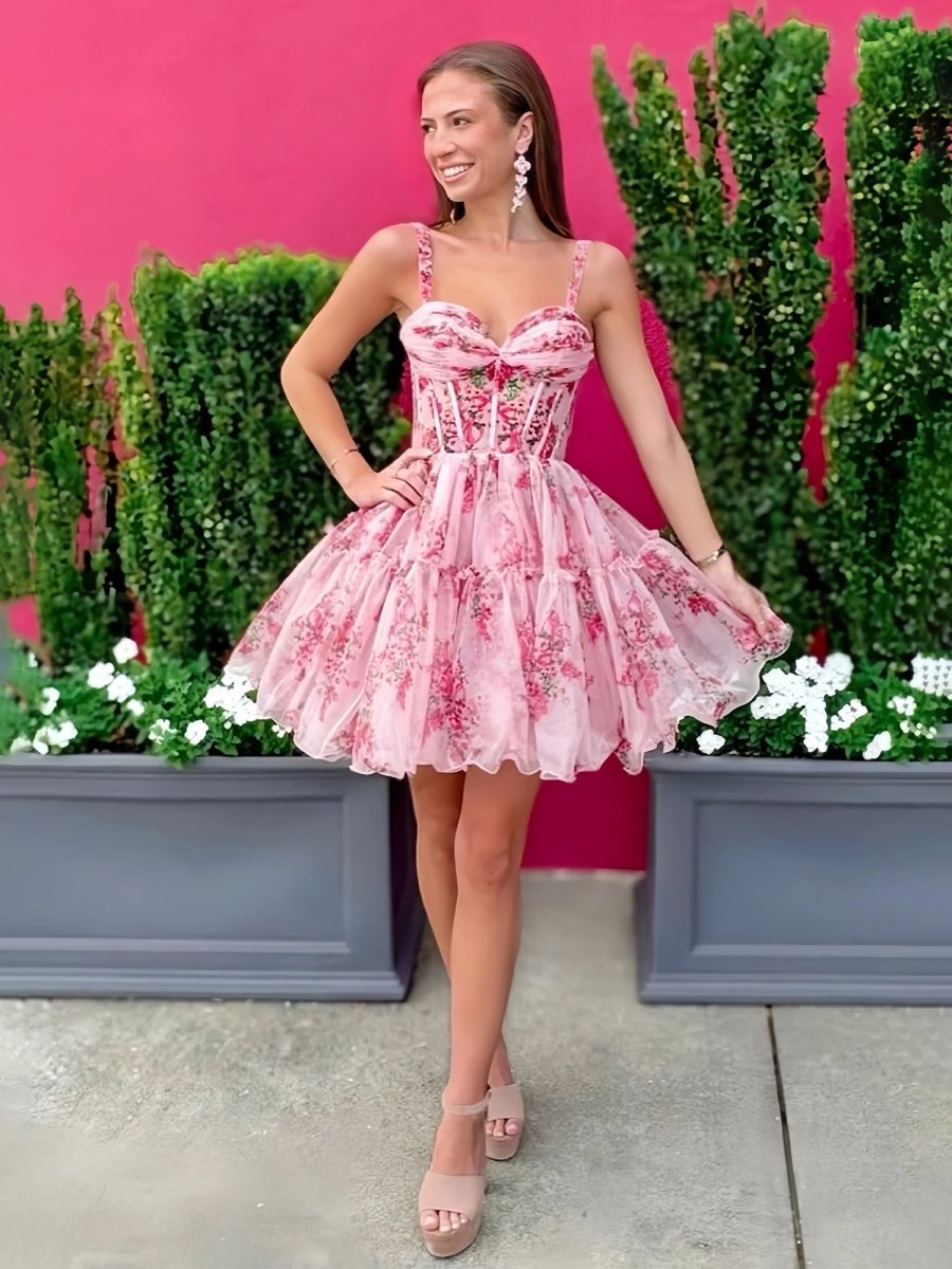 Neryssa | Pink - A Line Sweetheart Floral Tulle Short Homecoming Dresses