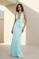 Nevado | Yellow - Halter Deep V Neck Satin Sheath Backless Long Prom Dresses - KissProm