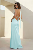 Nevado | Yellow - Halter Deep V Neck Satin Sheath Backless Long Prom Dresses - KissProm