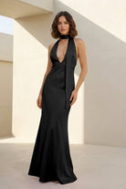 Nevado | Yellow - Halter Deep V Neck Satin Sheath Backless Long Prom Dresses - KissProm