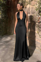 Nevado | Yellow - Halter Deep V Neck Satin Sheath Backless Long Prom Dresses - KissProm