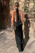 Nevado | Yellow - Halter Deep V Neck Satin Sheath Backless Long Prom Dresses - KissProm