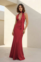 Nevado | Yellow - Halter Deep V Neck Satin Sheath Backless Long Prom Dresses - KissProm