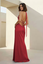 Nevado | Yellow - Halter Deep V Neck Satin Sheath Backless Long Prom Dresses - KissProm