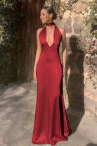 Nevado | Yellow - Halter Deep V Neck Satin Sheath Backless Long Prom Dresses - KissProm