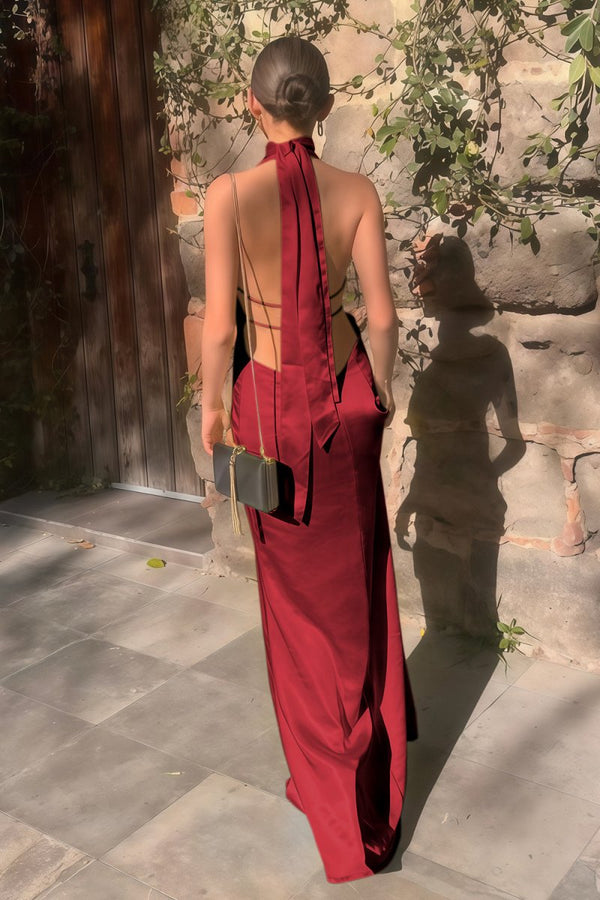 Nevado | Yellow - Halter Deep V Neck Satin Sheath Backless Long Prom Dresses - KissProm