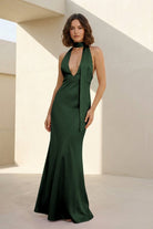 Nevado | Yellow - Halter Deep V Neck Satin Sheath Backless Long Prom Dresses - KissProm