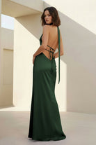 Nevado | Yellow - Halter Deep V Neck Satin Sheath Backless Long Prom Dresses - KissProm