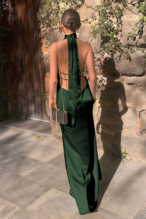 Nevado | Yellow - Halter Deep V Neck Satin Sheath Backless Long Prom Dresses - KissProm