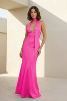 Nevado | Yellow - Halter Deep V Neck Satin Sheath Backless Long Prom Dresses - KissProm