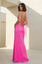 Nevado | Yellow - Halter Deep V Neck Satin Sheath Backless Long Prom Dresses - KissProm