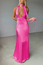 Nevado | Yellow - Halter Deep V Neck Satin Sheath Backless Long Prom Dresses - KissProm