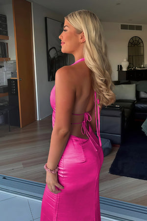 Nevado | Yellow - Halter Deep V Neck Satin Sheath Backless Long Prom Dresses - KissProm