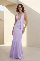 Nevado | Yellow - Halter Deep V Neck Satin Sheath Backless Long Prom Dresses - KissProm