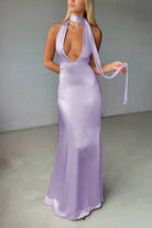 Nevado | Yellow - Halter Deep V Neck Satin Sheath Backless Long Prom Dresses - KissProm