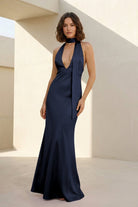 Nevado | Yellow - Halter Deep V Neck Satin Sheath Backless Long Prom Dresses - KissProm