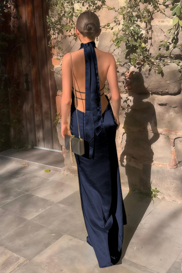 Nevado | Yellow - Halter Deep V Neck Satin Sheath Backless Long Prom Dresses - KissProm