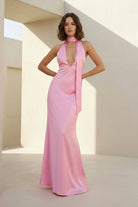 Nevado | Pink - Halter Deep V Neck Satin Sheath Backless Long Prom Dresses - KissProm