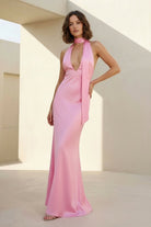 Nevado | Pink - Halter Deep V Neck Satin Sheath Backless Long Prom Dresses - KissProm
