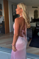 KissProm-Nevado Pink Halter Deep V Neck Satin Sheath Backless Long Prom Dresses