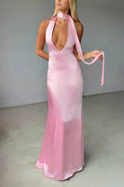 KissProm-Nevado Pink Halter Deep V Neck Satin Sheath Backless Long Prom Dresses