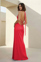 Nevado | Yellow - Halter Deep V Neck Satin Sheath Backless Long Prom Dresses - KissProm