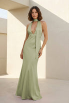 Nevado | Yellow - Halter Deep V Neck Satin Sheath Backless Long Prom Dresses - KissProm