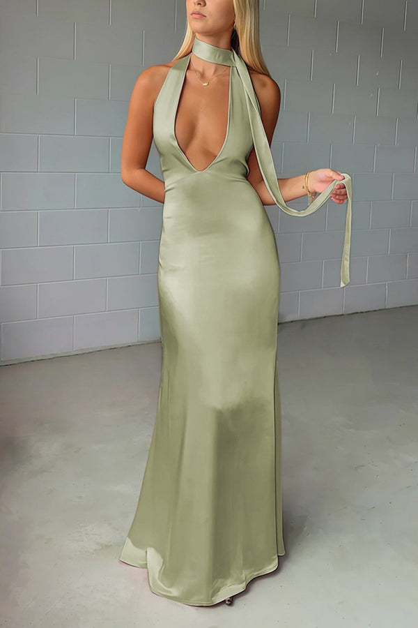 Nevado | Yellow - Halter Deep V Neck Satin Sheath Backless Long Prom Dresses - KissProm