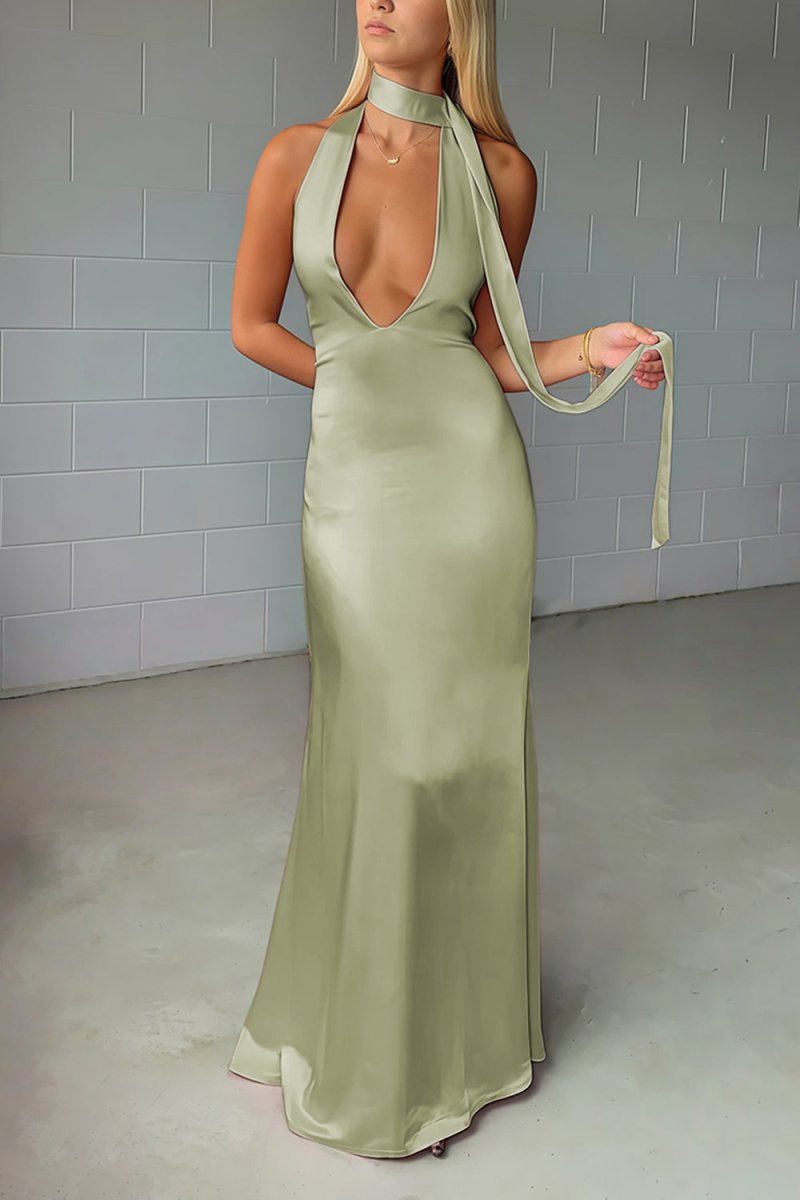 Nevado | Yellow - Halter Deep V Neck Satin Sheath Backless Long Prom Dresses - KissProm