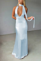 Nevado | Yellow - Halter Deep V Neck Satin Sheath Backless Long Prom Dresses - KissProm