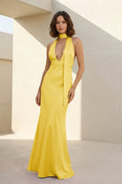 Nevado | Yellow - Halter Deep V Neck Satin Sheath Backless Long Prom Dresses - KissProm