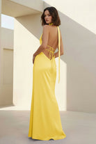Nevado | Yellow - Halter Deep V Neck Satin Sheath Backless Long Prom Dresses - KissProm