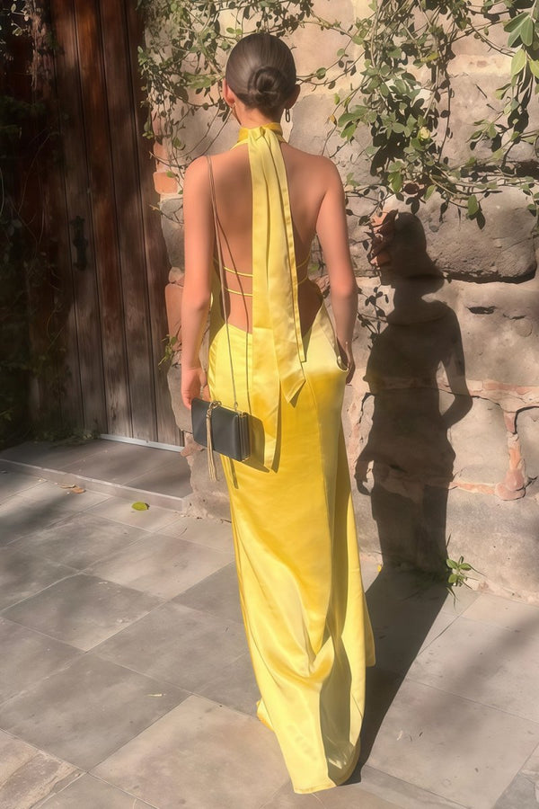 KissProm-Nevado Yellow Halter Deep V Neck Satin Sheath Backless Long Prom Dresses