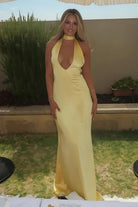 KissProm-Nevado Yellow Halter Deep V Neck Satin Sheath Backless Long Prom Dresses