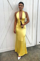 KissProm-Nevado Yellow Halter Deep V Neck Satin Sheath Backless Long Prom Dresses