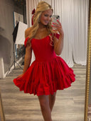 Nevara | Red - Off The Shoulder A Line Pleated Satin Short Homecoming Dress