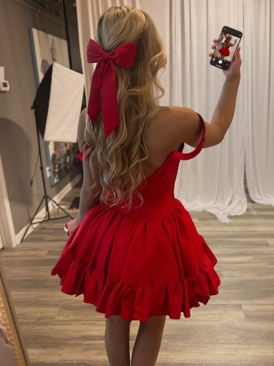 Nevara | Red - Off The Shoulder A Line Pleated Satin Short Homecoming Dress