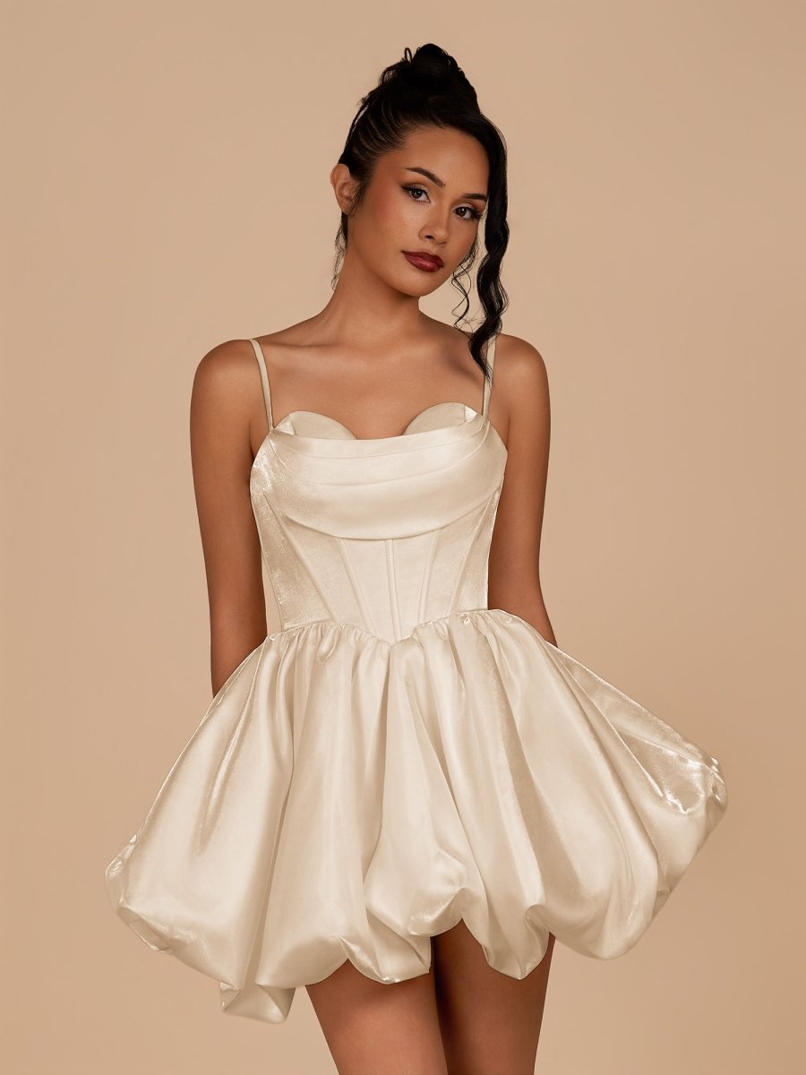 Nica | Champagne - A Line Bubble hem Satin Corset Sweetheart Homecoming Dresses - KissProm