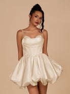 Nica | Champagne - A Line Bubble hem Satin Corset Sweetheart Homecoming Dresses - KissProm