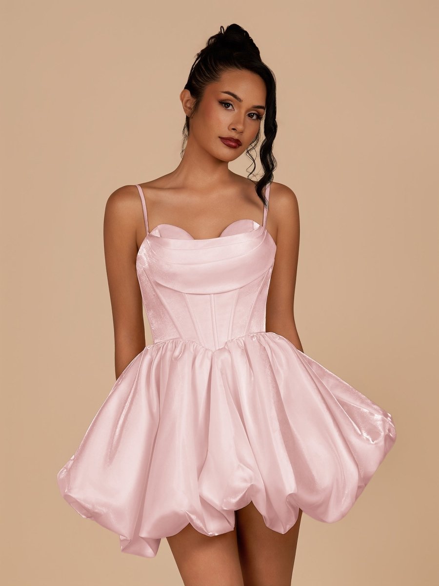 Nica | Pink - A Line Bubble hem Satin Corset Sweetheart Homecoming Dresses - KissProm