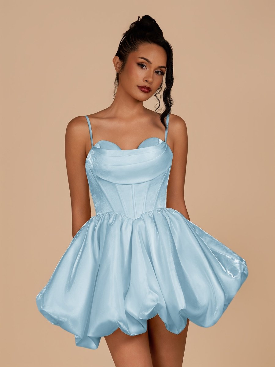 Nica | Sky Blue - A Line Bubble hem Satin Corset Sweetheart Homecoming Dresses