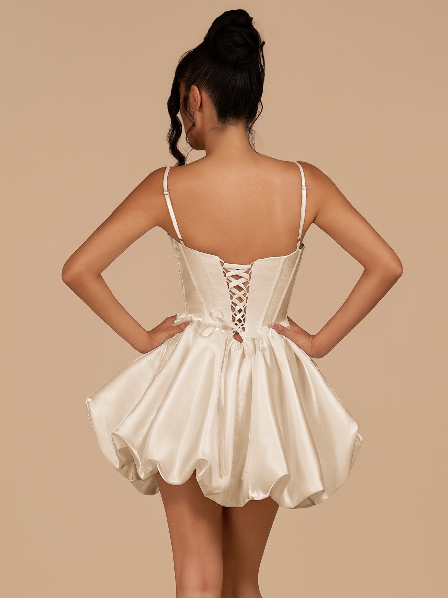 Nica | Champagne - A Line Bubble hem Satin Corset Sweetheart Homecoming Dresses - KissProm